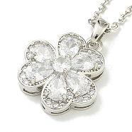 304 Stainless Steel Cable Chain Necklaces, Brass Clear Cubic Zirconia Flower Pendant Necklaces, Stainless Steel Color, 17.52 inch(44.5cm)(NJEW-H040-13P)