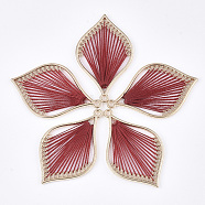 Cotton Thread Woven Pendants, with Alloy Findings, Leaf, Golden, FireBrick, 43x26.5x2mm, Hole: 1.8mm(FIND-S306-03E)