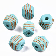 Painted Natural Wood Beads, Laser Engraved Pattern, Faceted, Polygon with Zebra-Stripe, Cyan, 10x10x10mm, Hole: 2.5mm(WOOD-T021-52A-06)