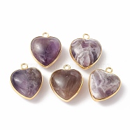 Natural Amethyst Pendants, with Golden Plated Brass Findings, Heart Charms, 18~19x15~17x7~10mm, Hole: 2mm(G-C005-01G-16)