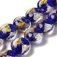 Handmade Gold Sand and Silver Sand Lampwork Flat Round Beads, Blue, 14~14.5x8.5~9mm, Hole: 1.6~1.8mm(FOIL-C001-02I)