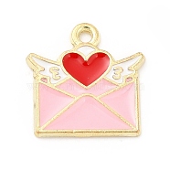 Alloy Enamel Pendants, Light Gold, Envelope with Heart & Wing Charm, Pink, 15x15x1mm, Hole: 1.4mm(ENAM-D041-05E)