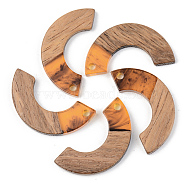 Resin & Walnut Wood Pendants, Arc, Orange, 28x14x3mm, Hole: 2mm(RESI-S389-007A-A01)