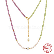 Natural Freshwater Pearl & 925 Sterling Silver Beaded Necklaces for Women, Round Natural Lepidolite & Peridot Beaded Necklaces, Real 14K Gold Plated, 15.91 inch(40.4cm)(NJEW-G154-02G)