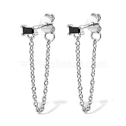 Anti-Tarnish Rhodium Plated Platinum 925 Sterling Silver Chains Front Back Stud Earrings, with Rectangle Cubic Zirconia, Black, 48x4mm(PA4661-6)