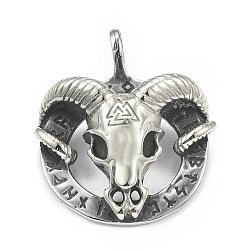 304 Stainless Steel Pendants, Sheep with Valknut & Rune Pattern, Antique Silver, 47x39.5x11mm, Hole: 6x8.5mm(STAS-G303-36AS)