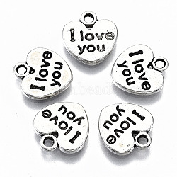 Tibetan Style Alloy Charms, Heart with I Yove You, Cadmium Free & Lead Free, Antique Silver, 12x11x1.5mm, Hole: 1.5mm, about 1310pcs/1000g(TIBEP-S319-108AS-RS)