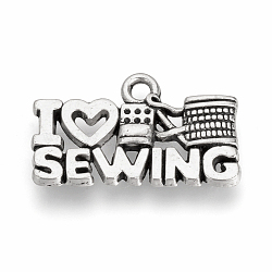 Tibetan Style Alloy Pendants, Phrase I Love Sewing, Cadmium Free & Lead Free, Antique Silver, 12.5x21x2mm, Hole: 1.5mm(X-TIBEP-Q064-49AS-RS)