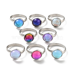 K9 Glass Flat Round Finger Ring, 304 Stainless Steel Jewelry for Women, Stainless Steel Color, Mixed Color, US Size 7 3/4(17.9mm), Ring Surface: 12x7mm(RJEW-G253-02A-P)