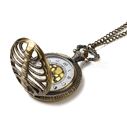 Alloy Glass Pendant Pocket Necklace, Electronic Watches, with Iron Chains and Lobster Claw Clasps, Flat Round, Antique Bronze, 16.14 inch(41cm), watches: 59x46x17mm(WACH-S002-15AB)