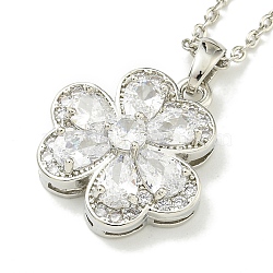 304 Stainless Steel Cable Chain Necklaces, Brass Clear Cubic Zirconia Flower Pendant Necklaces, Stainless Steel Color, 17.52 inch(44.5cm)(NJEW-H040-13P)