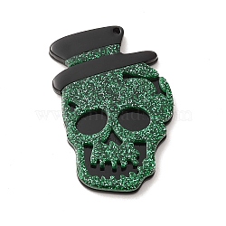 Halloween Acrylic Pendants,  with Sequins, Skull with Hat Charm, Green, 45x30x4mm, Hole: 2mm(OACR-B007-03D)