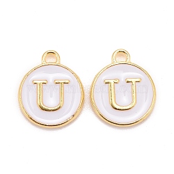 Golden Plated Alloy Charms, Cadmium Free & Lead Free, with Enamel, Enamelled Sequins, Flat Round with Letter, White, Letter.U, 14x12x2mm, Hole: 1.5mm(X-ENAM-S118-01U)