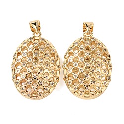 Brass Micro Pave Clear Cubic Zirconia Pendants, Long-Lasting Plated, Hollow Oval Charms, Real 18K Gold Plated, 25x17x8mm, Hole: 5x3.5mm(KK-B184-01G-09)