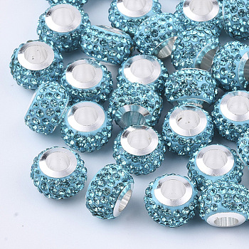 Polymer Clay Rhinestones European Beads, Large Hole Beads, with Platinum Tone Brass Single Cores, Rondelle, Aquamarine, 11x8mm, Hole: 4.5mm