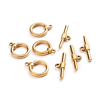 Ion Plating(IP) 304 Stainless Steel Toggle Clasps, Ring, Golden, Ring: 18x14x3mm, Hole: 1.5mm, Bar: 23.5x7x3, Hole: 1.8mm