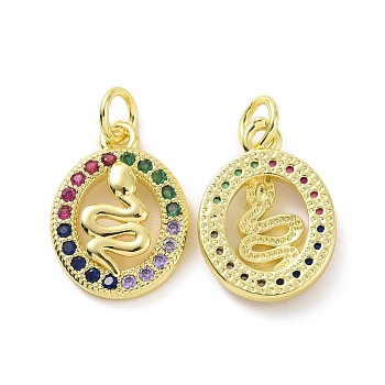 Brass Micro Pave Colorful Cubic Zirconia Pendants, with Jump Ring, Oval with Snake Charms, Real 18K Gold Plated, 16.5x12x2.5mm, Hole: 3.2mm