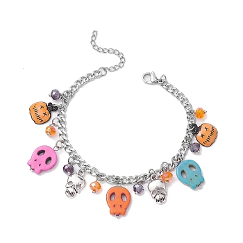 Halloween Skull Dyed Synthetic Turquoise Charm Bracelets, Stainless Steel Twisted Chain Bracelets for Women, Colorful, 7-1/4 inch(18.5cm)