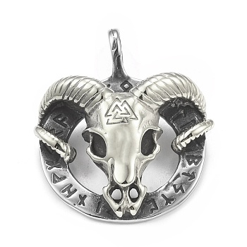 304 Stainless Steel Pendants, Sheep with Valknut & Rune Pattern, Antique Silver, 47x39.5x11mm, Hole: 6x8.5mm