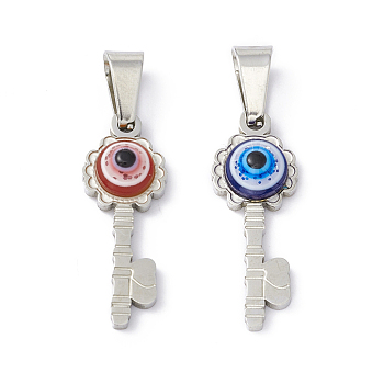 304 Stainless Steel Resin Pendants, Key Charms with Evil Eye, Stainless Steel Color, Mixed Color, 23x8.5x4mm, Hole: 6.5x3mm
