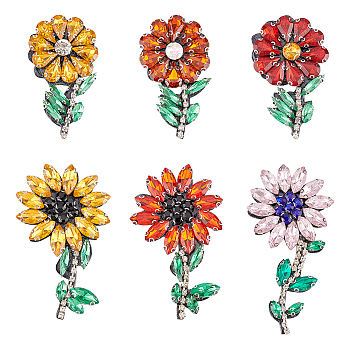 6Pcs 6 Style Sunflower Pattern Felt Ornament Accessories, Rhinestone Beading Appliques, Mixed Color, 58~85x35~45x6mm, 1pc/style