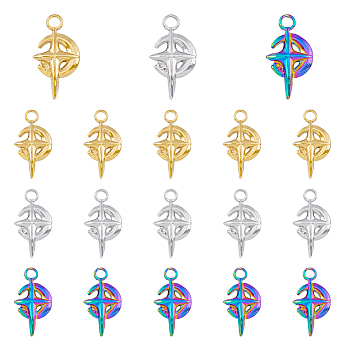 18Pcs 3 Colors 304 Stainless Steel Pendant Rhinestone Settings, Moon with Cross, Mixed Color, Fit for 0.8mm Rhinestone, 21x11x3mm, Hole: 3mm, 6pcs/color