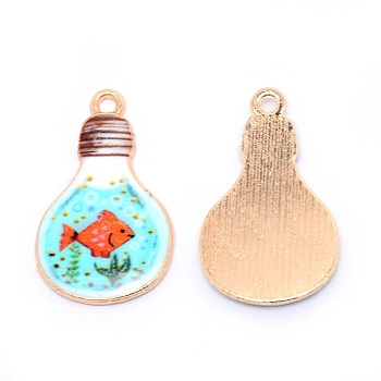 Japanese Style Print Alloy Enamel Pendants, Bulb with Fish, Cadmium Free & Lead Free, Turquoise, 28x16.5x2mm, Hole: 2mm