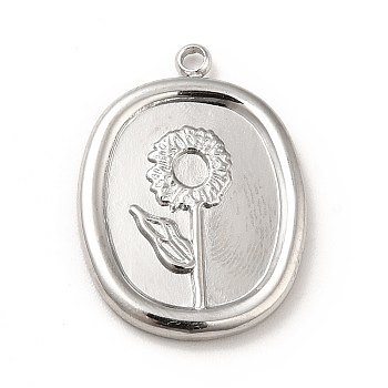304 Stainless Steel Pendants, Oval wih Flower, Stainless Steel Color, 20.5x15x2mm, Hole: 1.4mm