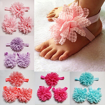 Elastic Child Headbands for Girls, Hair Accessories & Barefoot Sandals Flower, Lace Flower, Mixed Color, 140x40mm