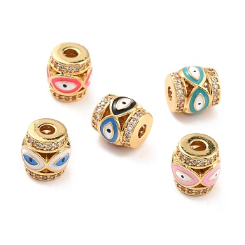Real 18K Gold Plated Brass Micro Pave Clear Cubic Zirconia Beads, Cadmium Free & Nickel Free & Lead Free, with Enamel, Column with Evil Eyes, Mixed Color, 10x9.5mm, Hole: 3mm