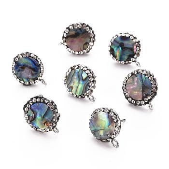 Abalone Shell/Paua Shell Stud Earring Findings, with Loop, Polymer Clay Rhinestone and Stainless Steel Findings, Flat Round, Stainless Steel Color, Crystal, 15x12mm, Hole: 2mm, Pin: 0.6mm