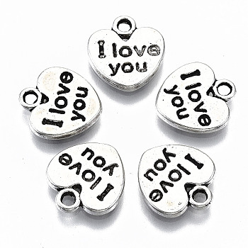 Tibetan Style Alloy Charms, Heart with I Yove You, Cadmium Free & Lead Free, Antique Silver, 12x11x1.5mm, Hole: 1.5mm, about 1310pcs/1000g