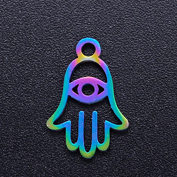 Ion Plating(IP) 201 Stainless Steel Charms, Hamsa Hand/Hand of Fatima/Hand of Miriam with Eye, Rainbow Color, 14.5x10x1mm, Hole: 1.5mm