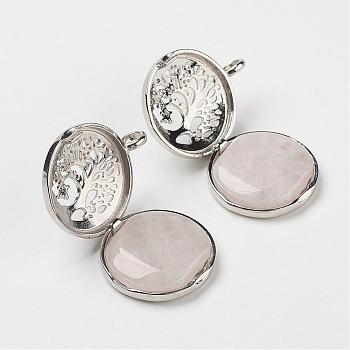 Natural Rose Quartz Pendants, with Brass Diffuser Locket Findings, Flat Round with Tree, 31x25x8mm, Hole: 4mm