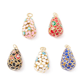 Rack Plating Brass Enamel Pendants, Long-Lasting Plated, Real 18K Gold Plated, Cadmium Free & Nickel Free & Lead Free, Teardrop with Evil Eye, Mixed Color, 22x12.5mm, Jump Ring: 5x0.7mm, 3.5mm Inner Diameter