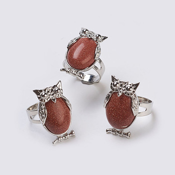 Synthetic Goldstone Adjustable Finger Ring, Wide Band Rings, Owl, Size 8, Platinum, 18mm