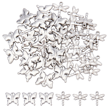 40Pcs 2 Style 201 Stainless Steel Pendants, Dragonfly and Butterfly, Stainless Steel Color, 15.5x16x2.5mm, Hole: 1.2mm, 20pcs/style