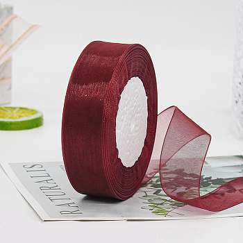 Polyester Organza Ribbon, for Christmas Decoration, Dark Red, 1 inch(25mm), about 49.21 Yards(45m)/Roll