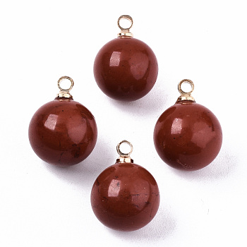 Natural Red Jasper Charms, with Golden Plated Brass Loops, Round, 14x10.5mm, Hole: 1.5mm