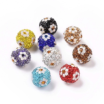 Polymer Clay Rhinestone Beads, Pave Disco Ball Beads, Round with Flower, Mixed Color, 16mm, Hole: 1.6~1.8mm