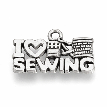Tibetan Style Alloy Pendants, Phrase I Love Sewing, Cadmium Free & Lead Free, Antique Silver, 12.5x21x2mm, Hole: 1.5mm