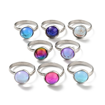 K9 Glass Flat Round Finger Ring, 304 Stainless Steel Jewelry for Women, Stainless Steel Color, Mixed Color, US Size 7 3/4(17.9mm), Ring Surface: 12x7mm