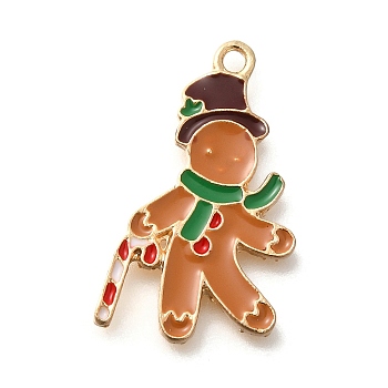 Christmas Theme Alloy Enamel Pendants, Gingerbread Man Charm, Light Gold, Candy Cane, 25.5x14x2mm, Hole: 1.6mm