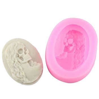 Food Grade Silicone Bust Statue Molds, Fondant Molds, For DIY Cake Decoration, Chocolate, Candy, Half-body Sculpture UV Resin & Epoxy Resin Jewelry Making, Oval with Skull, Pink, 47x36x12mm