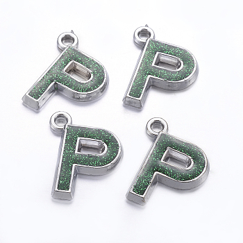 Glitter Acrylic Pendants, with Enamel, Letter Style, Green, Letter P, Size: about 20mm wide, 25mm long, 4mm thick, hole: 3mm