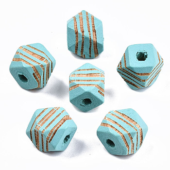 Painted Natural Wood Beads, Laser Engraved Pattern, Faceted, Polygon with Zebra-Stripe, Cyan, 10x10x10mm, Hole: 2.5mm
