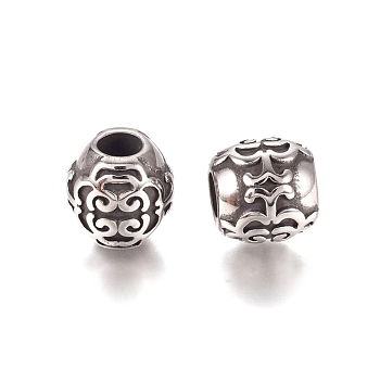 304 Stainless Steel European Beads, Large Hole Beads, Barrel, Antique Silver, 10.5x10.2mm, Hole: 4.5mm