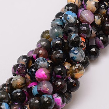 Natural Fire Crackle Agate Bead Strands, Dyed, Faceted, Round, Black, 10mm, Hole: 1.5mm, about 38pcs/strand, 14 inch