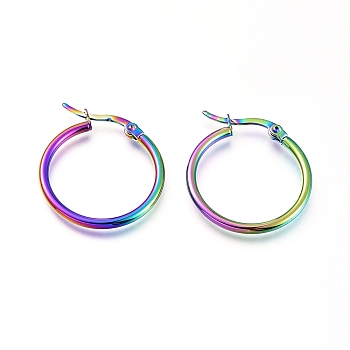 201 Stainless Steel Hoop Earrings, with 304 Stainless Steel Pin, Hypoallergenic Earrings, Ring Shape, Rainbow Color, 25x2mm, 12 Gauge, Pin: 0.7x1mm