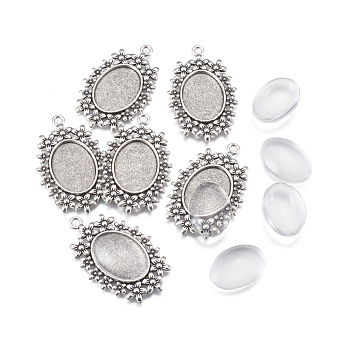 DIY Pendant Making, with Tibetan Style Alloy Pendant Cabochon Settings and Glass Cabochons, Oval, Antique Silver, 49x31.5x2.5mm, Hole: 3mm, Tray: 18x25mm